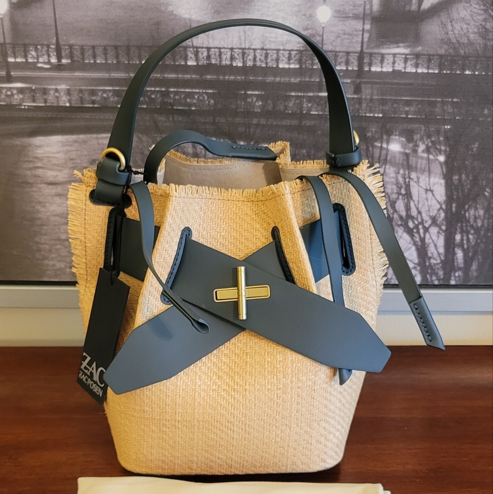 Zac Posen Brigette Belted Raffia & Leather Bucket Bag